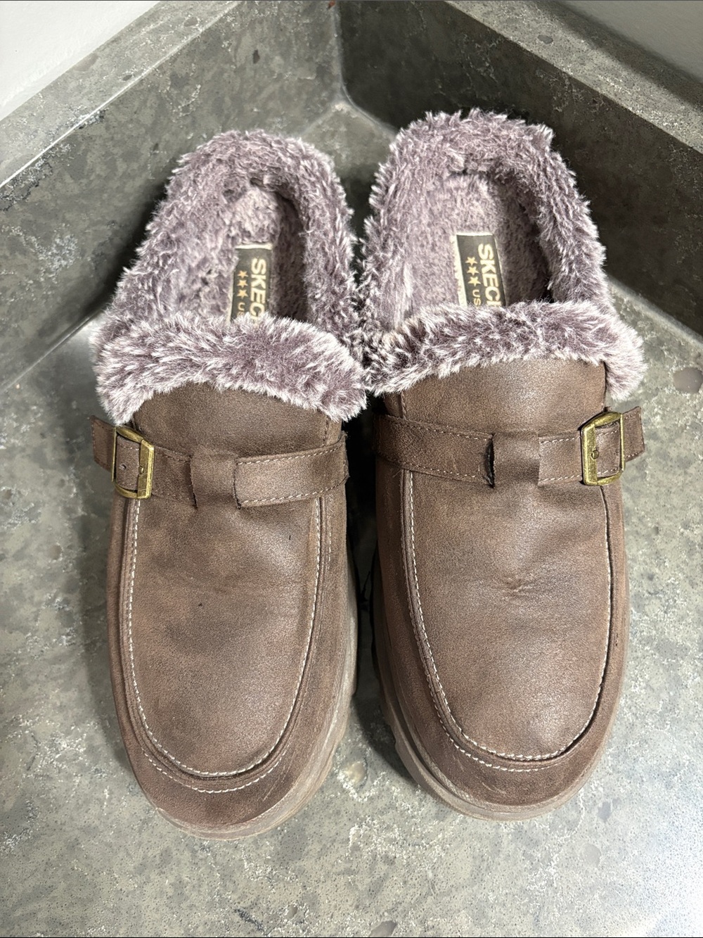 Skechers Brown Faux Fur-Lined Slip-On Loafers with Buckle Detail